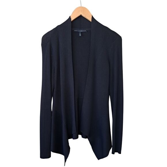 White House Black Market Ribbed Cardigan Sweater Black OpenFront High Low Fitted - Picture 6 of 7